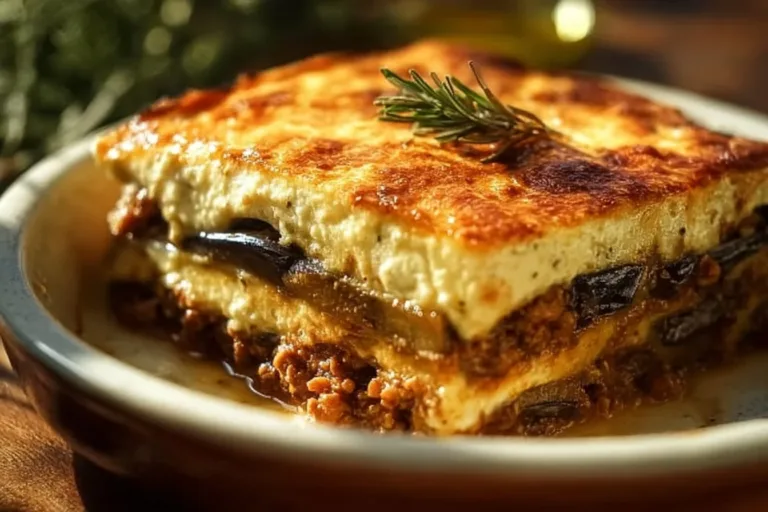 Delicious Greek Moussaka with layers of eggplant, meat, and creamy béchamel