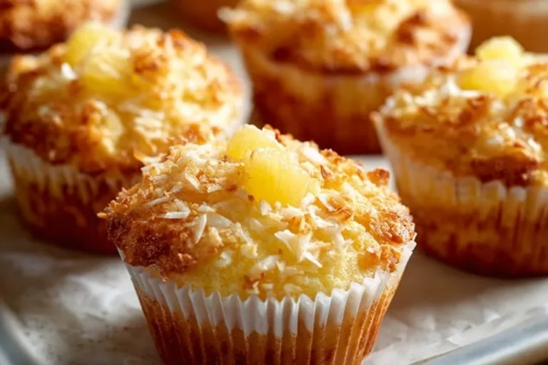Delicious Coconut Pineapple Muffins with cottage cheese on a wooden platter