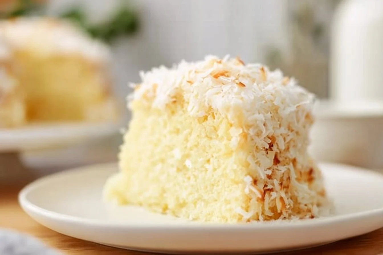 Delicious coconut cake with creamy frosting and coconut flakes on top