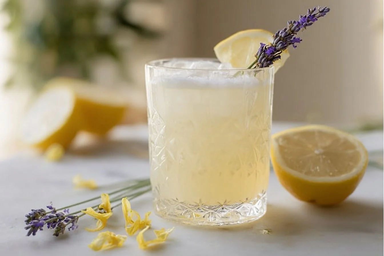 Coconut Lavender Lemonade Mocktail garnished with lavender and lemon slices.