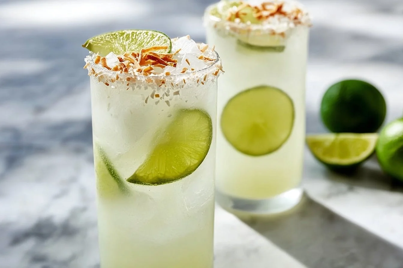 Refreshing Coconut Lime Refresher drink garnished with lime and coconut flakes