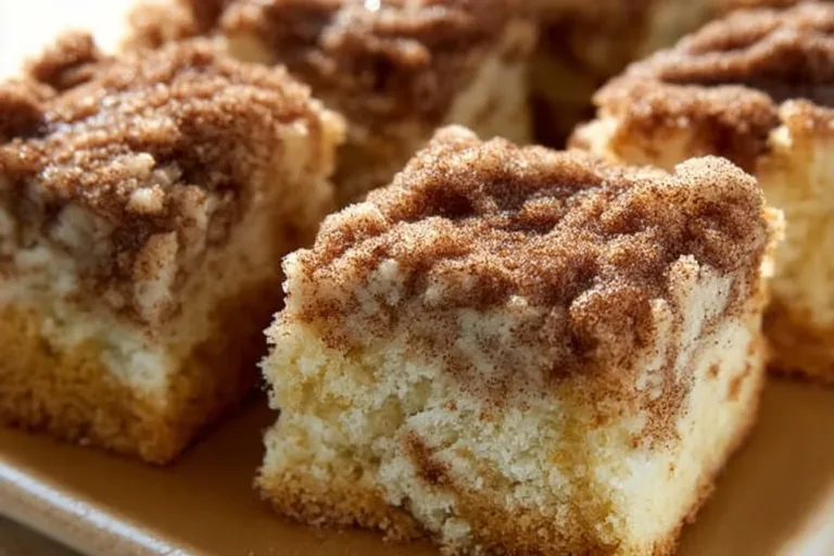 Freshly baked coffee cake with crumb topping and coffee cups in the background