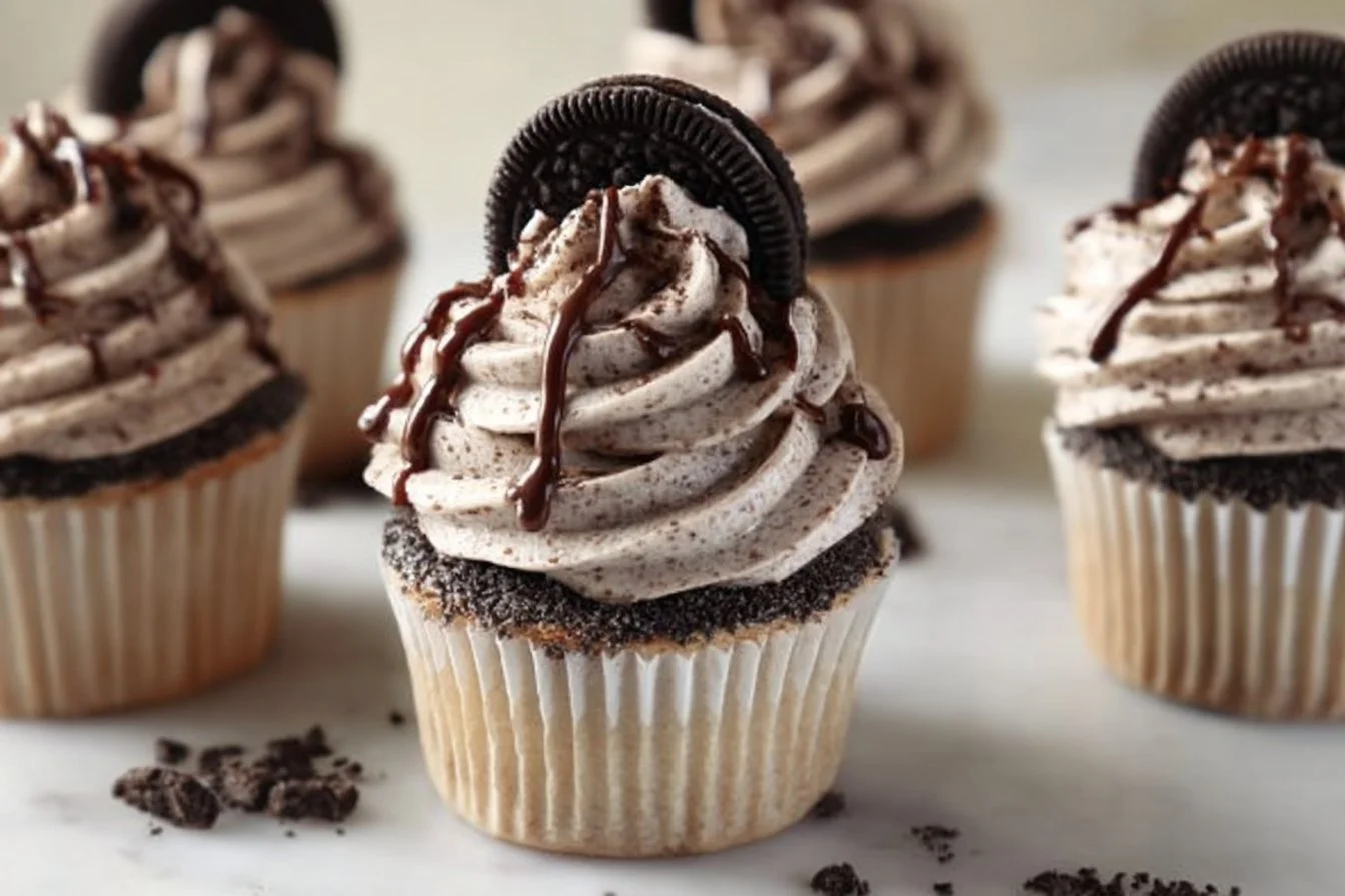 Delicious Cookies and Cream Cupcakes with chocolate cookie pieces and frosting