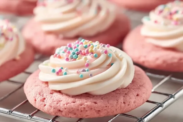 Copycat Crumbl pink velvet cookies on a plate, decorated with frosting.
