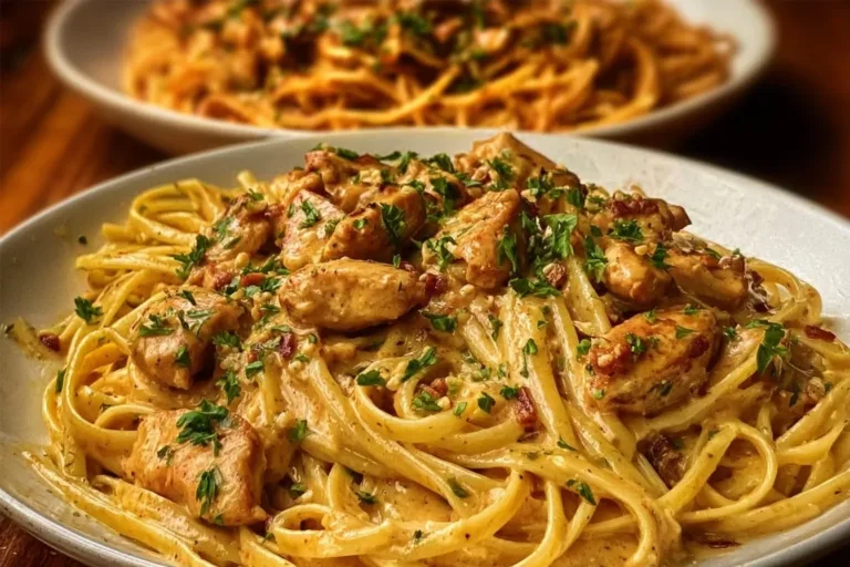 Plate of Cowboy Butter Chicken Linguine with herbs and spices