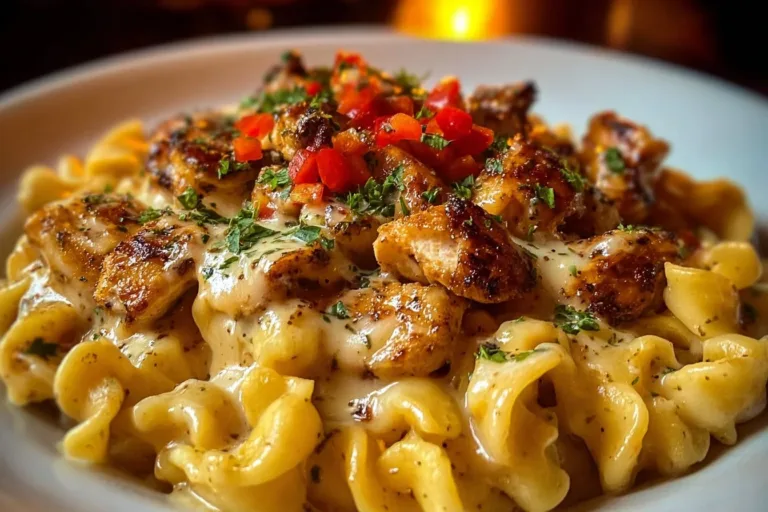 Cowboy Butter Garlic Chicken Tortellini with fire-roasted red peppers in a bowl