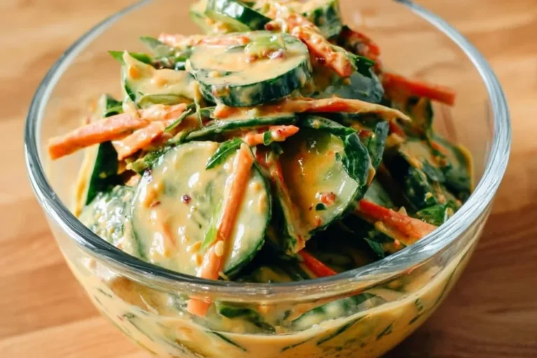 Creamy Asian cucumber salad bowl with fresh vegetables and sesame dressing