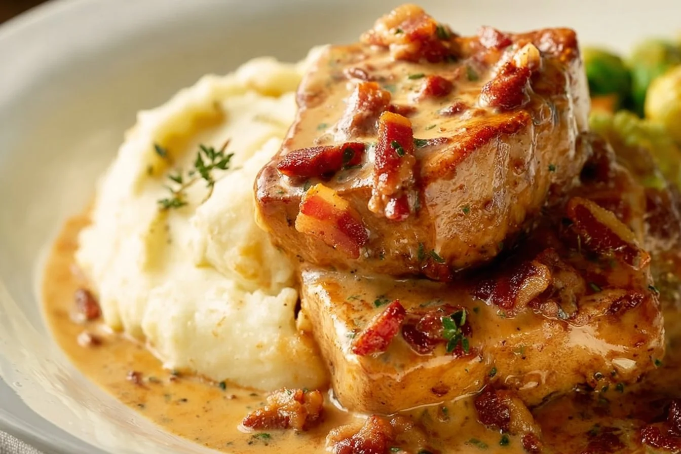 Creamy bacon pork chops served on a plate with herbs garnish