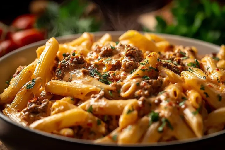 Creamy beef pasta dish served in a bowl with herbs and cheese garnish.