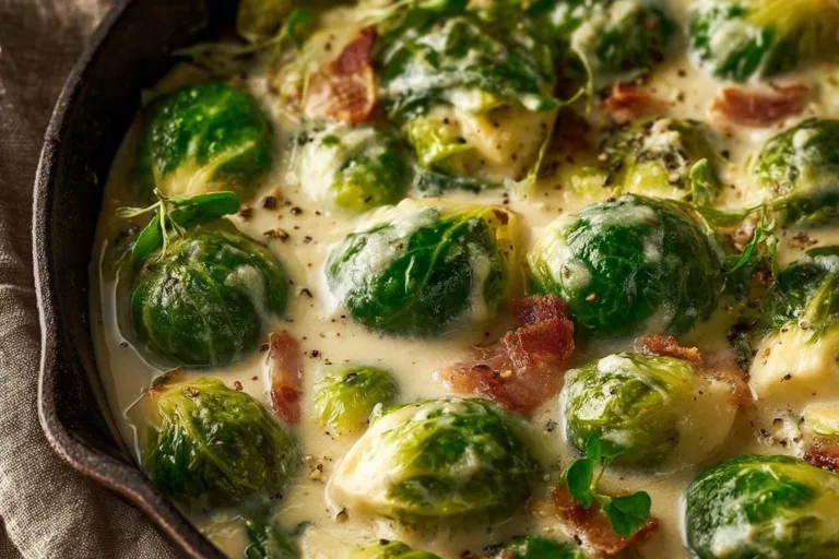 Creamy Brussels sprouts with crispy bacon in a bowl