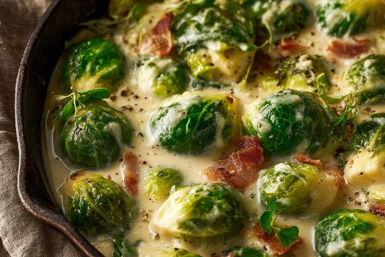 Creamy Brussels sprouts with crispy bacon in a bowl