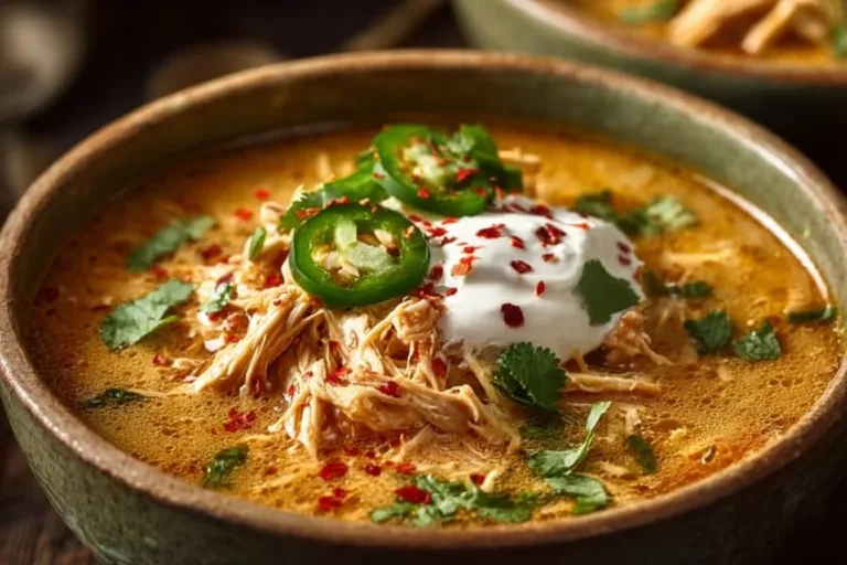 Creamy chicken enchilada soup garnished with fresh cilantro and tortilla strips