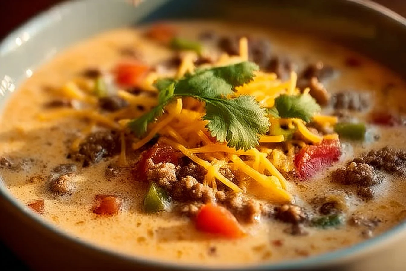 Bowl of creamy cowboy soup garnished with herbs, perfect for a cozy dinner.