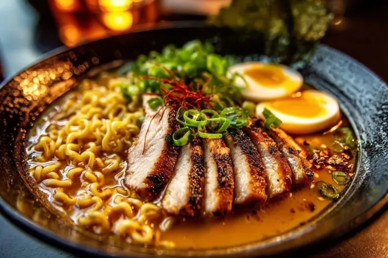 Bowl of creamy garlic chicken ramen garnished with green onions and sesame seeds.