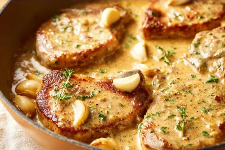 Creamy Garlic Pork Chops served on a plate with herbs and sides