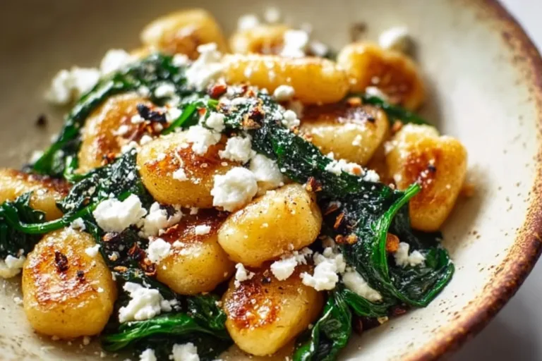 Creamy gnocchi with spinach and feta served in a bowl
