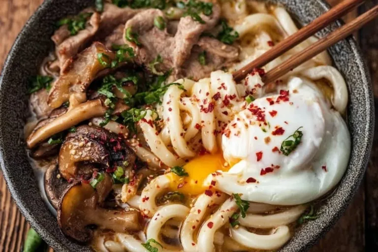 Bowl of creamy miso udon soup with fresh ingredients and herbs.