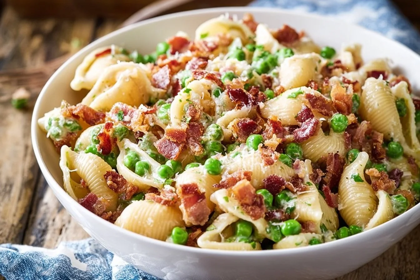 Creamy pasta salad with vegetables and dressing in a bowl