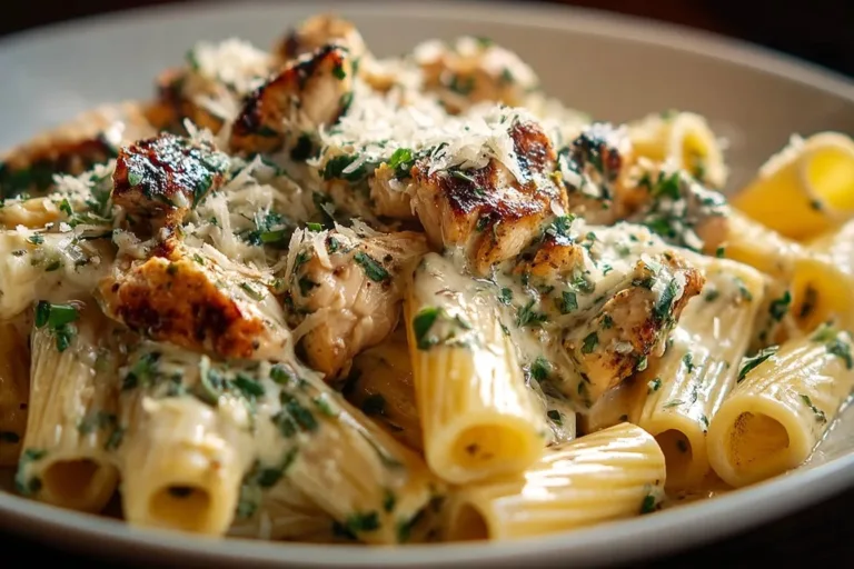 Creamy Pesto Chicken Pasta in a bowl topped with fresh basil.