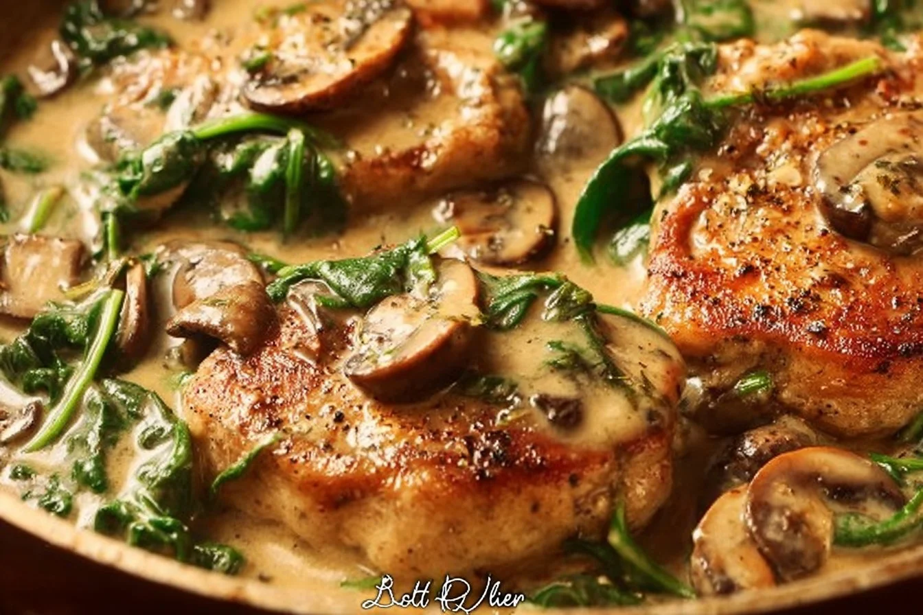 Creamy spinach mushroom pork chops served on a plate