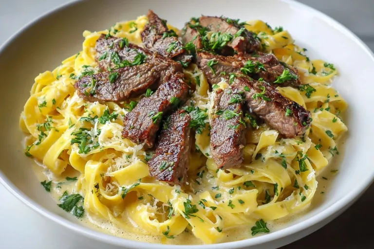 Creamy steak pasta with garlic served in a bowl