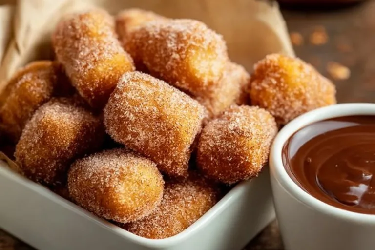 Crispy air fryer churro bites served on a plate with chocolate sauce