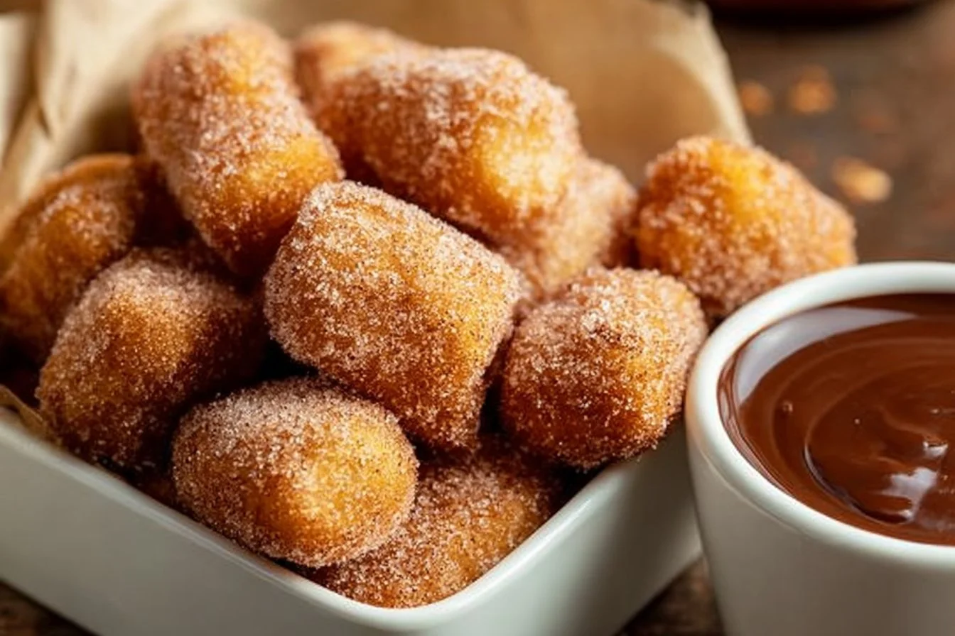 Crispy air fryer churro bites served on a plate with chocolate sauce