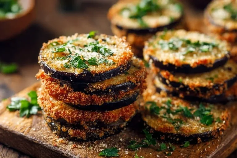 Crispy baked eggplant slices on a plate, garnished with herbs.