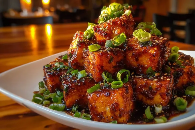 Crispy honey garlic tofu garnished with green onions and sesame seeds
