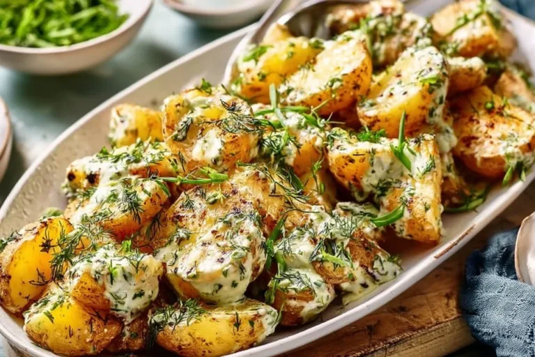 Delicious Crispy Potato Salad garnished with fresh herbs and spices.