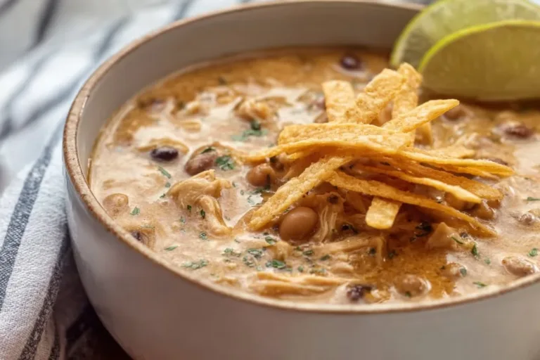 Creamy Crockpot white chicken chili with cream cheese served in a bowl