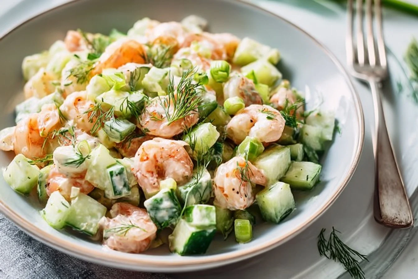Cucumber Shrimp Salad with fresh vegetables and shrimp served in a bowl
