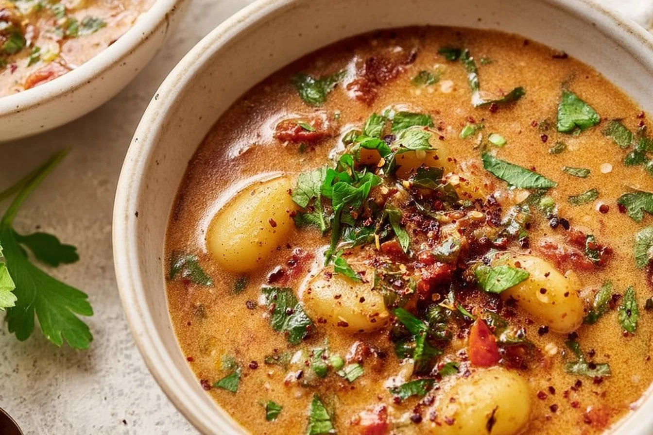 Bowl of dairy-free sun dried tomato gnocchi soup garnished with herbs