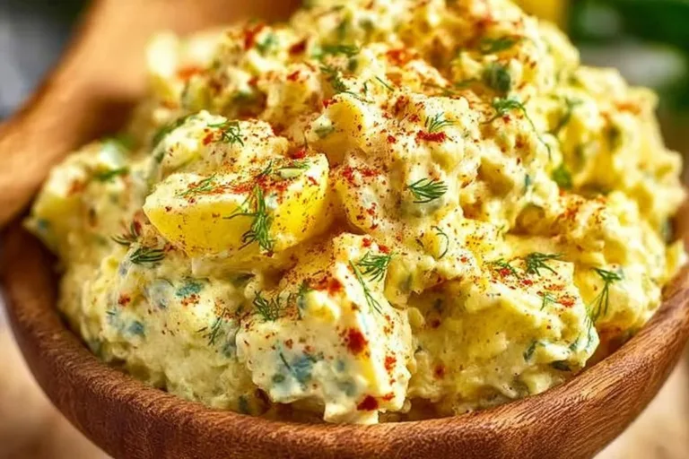 Plate of creamy Deviled Egg Potato Salad garnished with herbs.