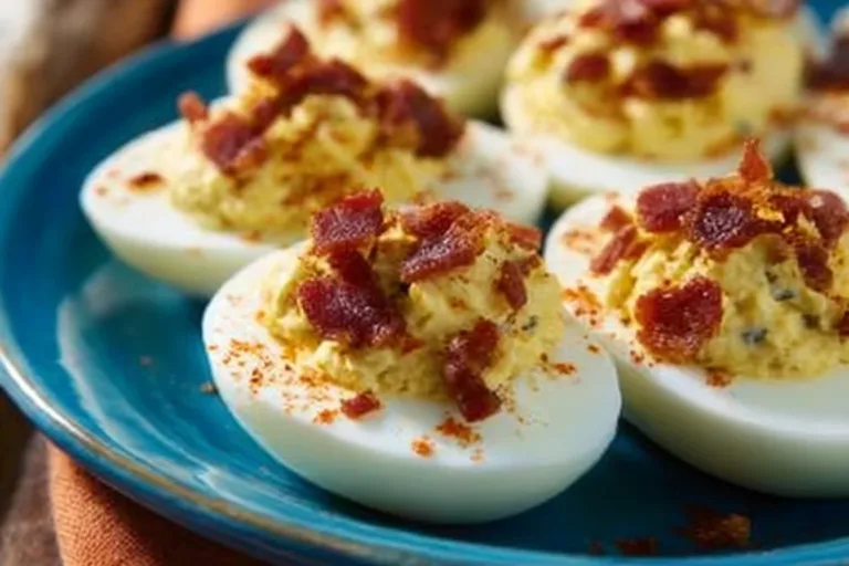 Plate of delicious deviled eggs garnished with paprika and herbs