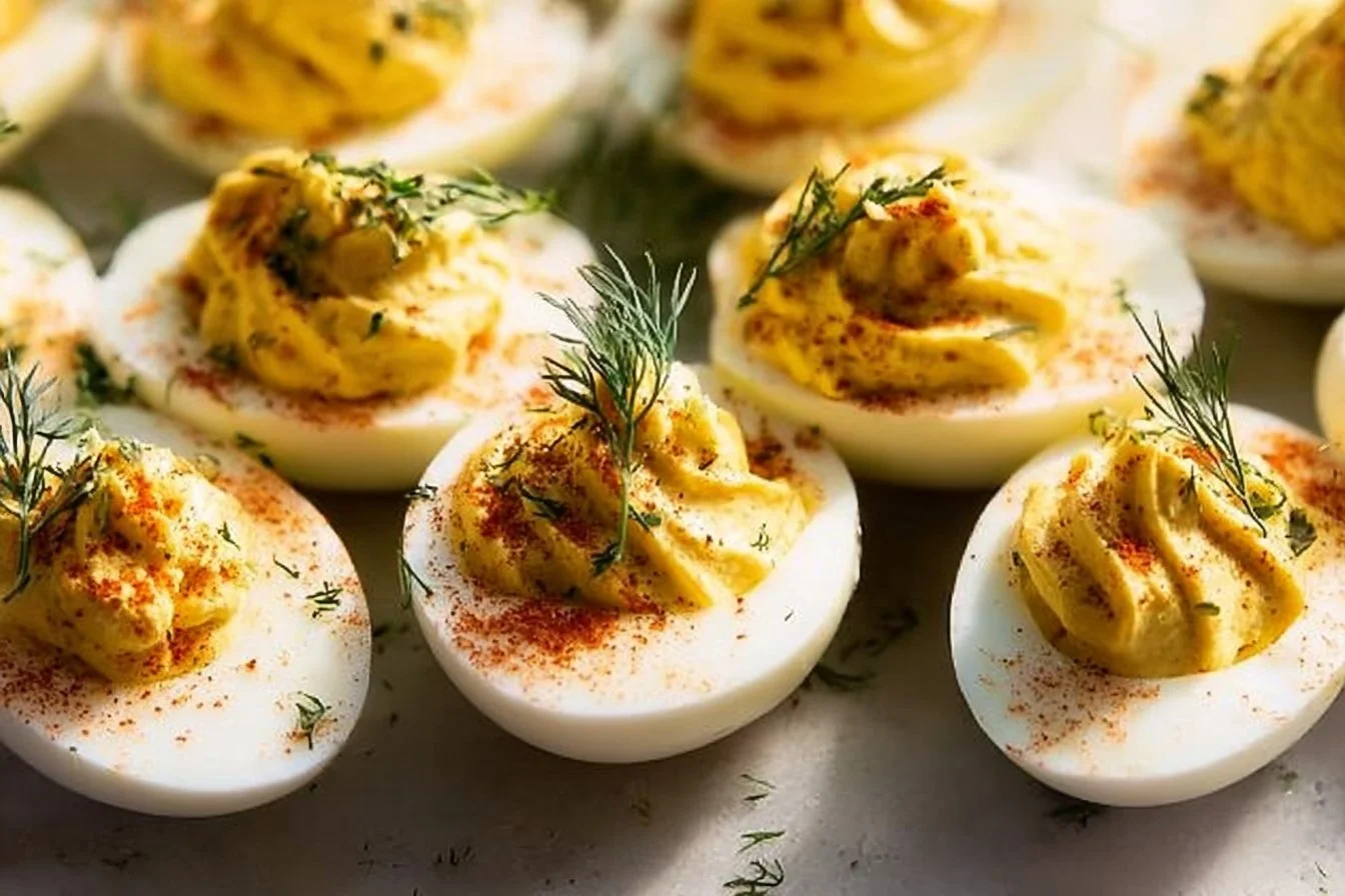 Delicious deviled eggs arranged on a platter for serving.