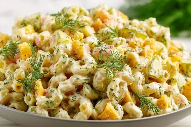 Dill Pickle Pasta Salad served in a bowl with dill and pickles on top