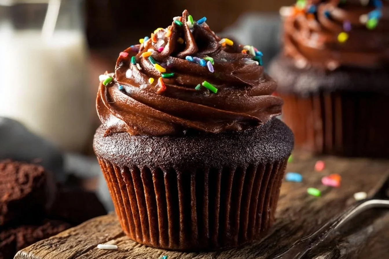 Delicious double chocolate cupcakes with chocolate frosting on a rustic table