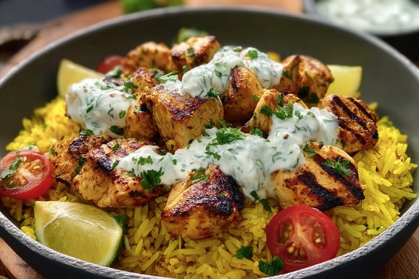 Delicious Dump and Bake Chicken Tzatziki Rice dish served on a plate.