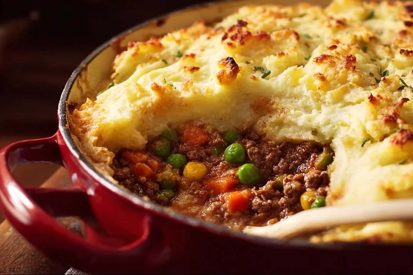 Delicious Dutch Oven Shepherd's Pie with creamy mashed potatoes and savory filling.