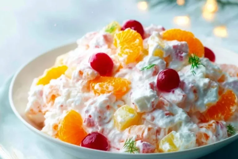 Colorful Easter Ambrosia Salad with fruits, marshmallows, and coconut.