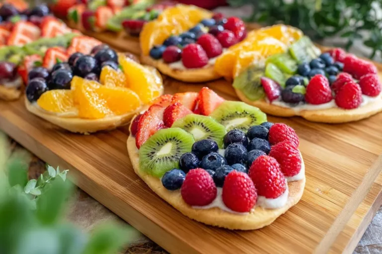Colorful Easter Egg Fruit Pizzas topped with fresh fruit and cream cheese icing.