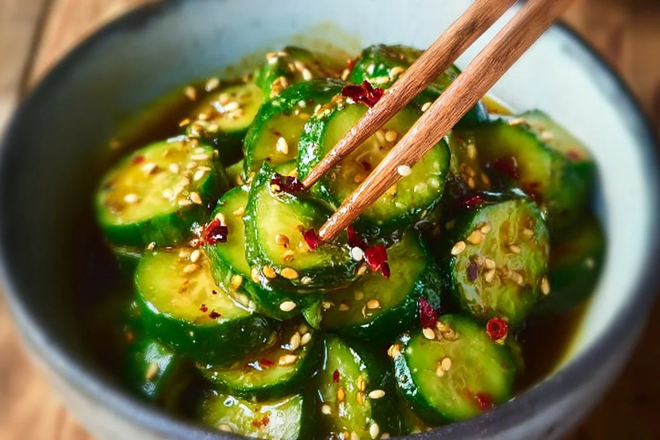 Bowl of easy Asian cucumber salad with fresh ingredients and vibrant colors