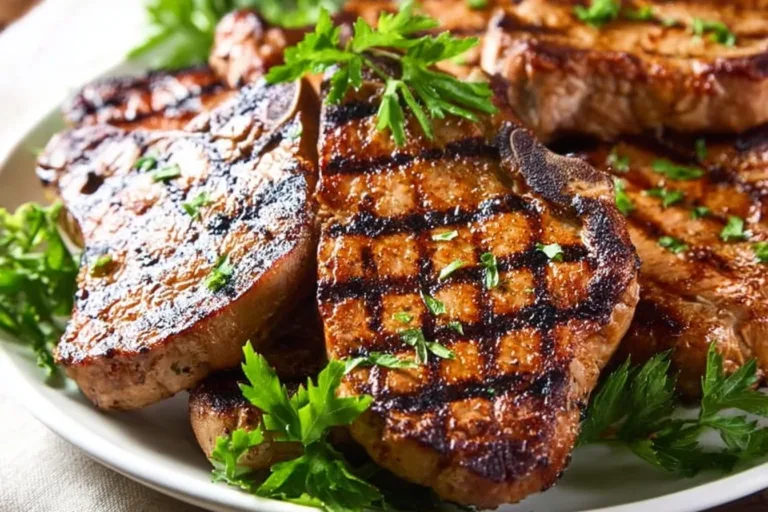 Deliciously grilled pork chops served on a plate with garnish