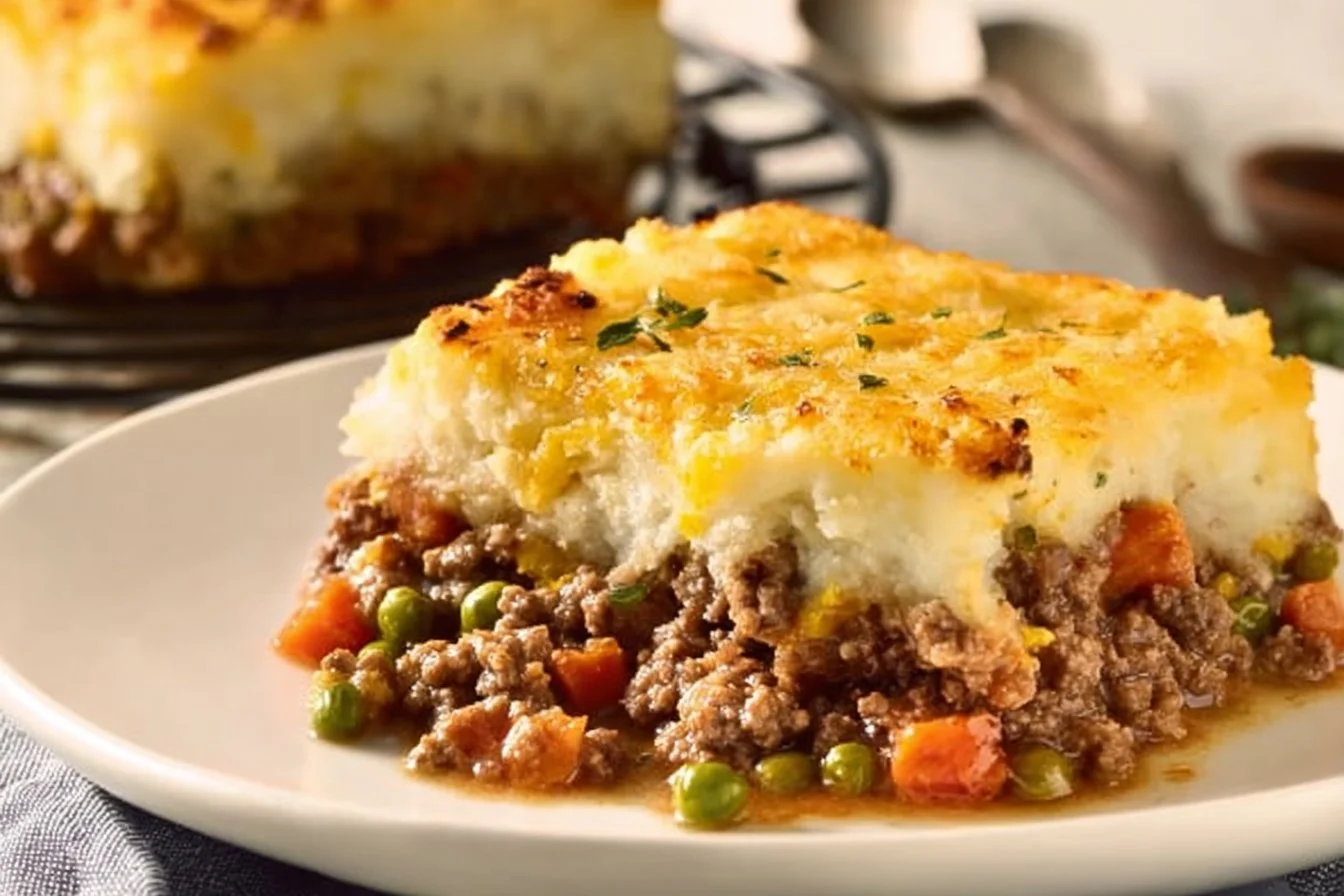 Delicious easy ground beef shepherd's pie served in a rustic dish