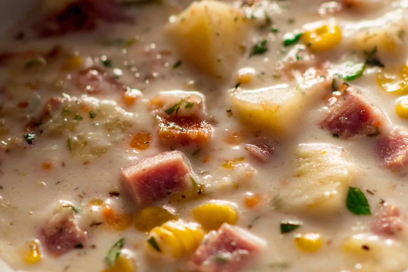 Bowl of easy ham and corn chowder garnished with herbs