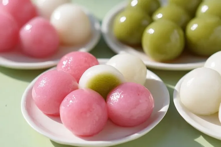 A plate of colorful Hanami Dango, a traditional Japanese sweet for cherry blossom season.