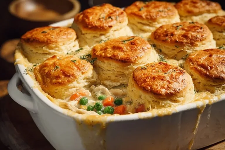 Delicious homemade chicken pot pie casserole served in a baking dish.