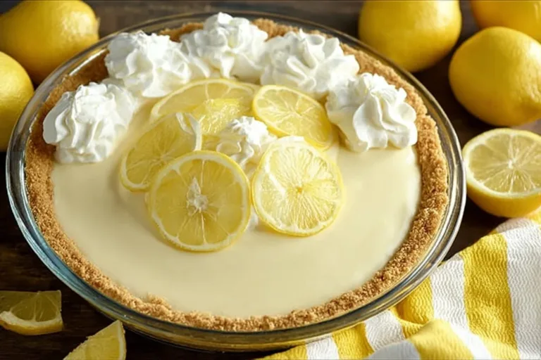 Slice of easy lemon cream pie with whipped cream and lemon zest on top.