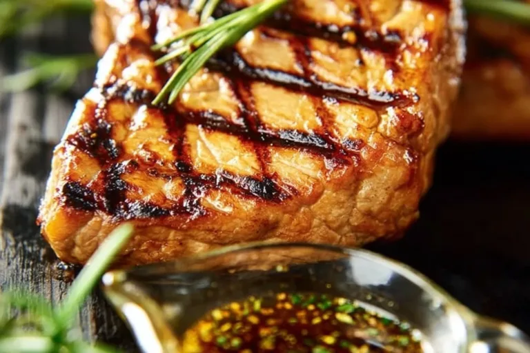 Marinated pork chops ready for grilling, showcasing a delicious glaze.